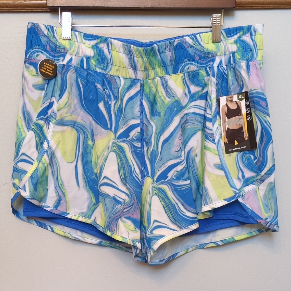 NWT XL Womens Running Shorts Marbled Swirl Athletic AVIA 16 18 Spandex Lining 🩵